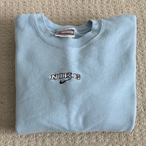 Nike Logo Stitched Light Blue Crewneck Hanes Sweatshirt Unisex Size Medium - Picture 9 of 9